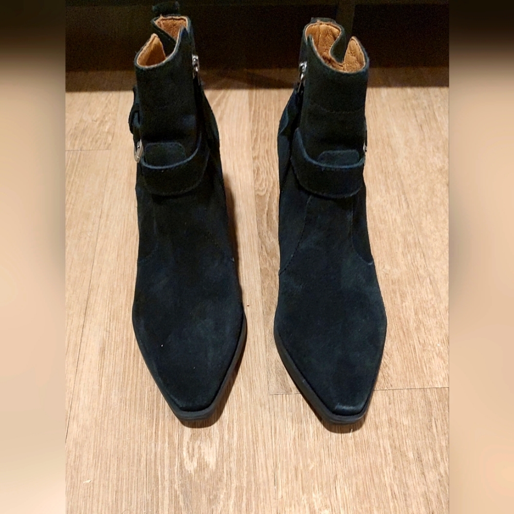 Peatrie Black Suede Western Ankle Boot Chunky Square Toe Buckle Platform